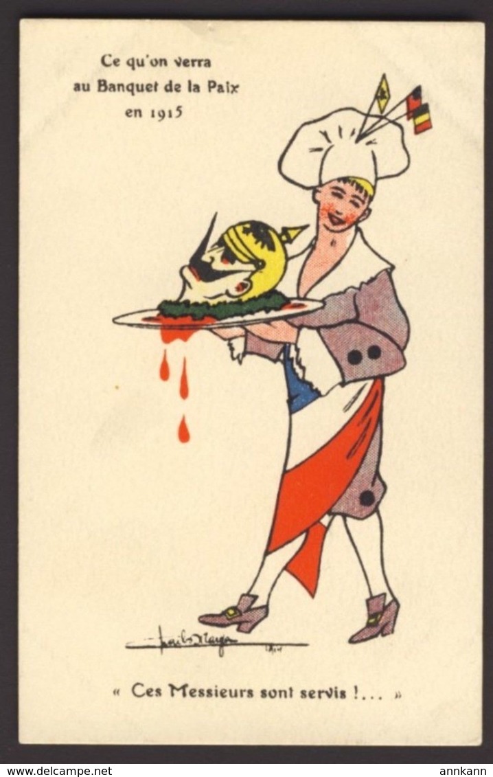 WWI Propaganda Kaiser Guillaume Allied Server Flags Banquet 1915 Artist Signed - War 1914-18