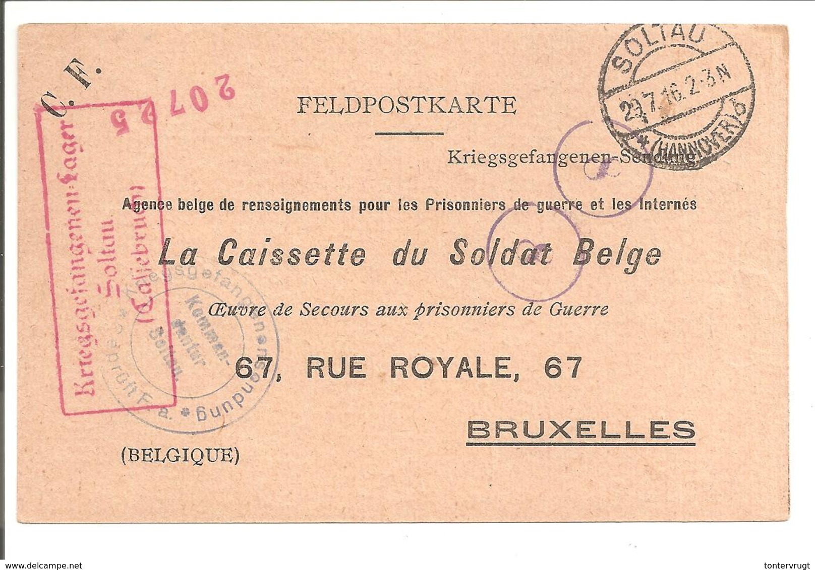 P.O.W. Cassebruch Soltau. La Caissette Du Soldat Belge.Zensur-Censure. Tres Claire Cachet Rouge - Prisonniers