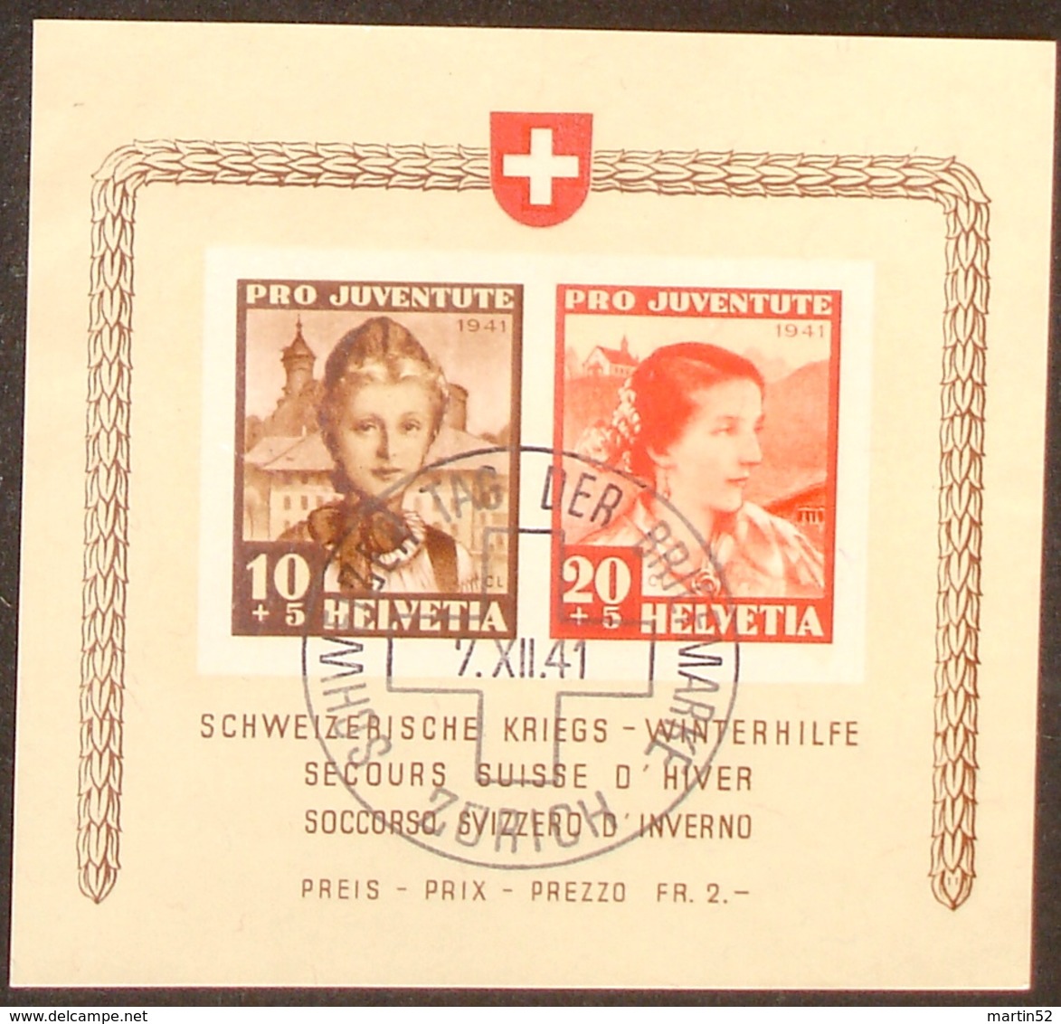 Schweiz Suisse Pro Juventute 1941: "Winterhilfe"  Zu 98+99 I Mi Block 6 Yv BF 6 O ZÜRICH 7.XII.41 TdB (Zu CHF 500.00) - Usados