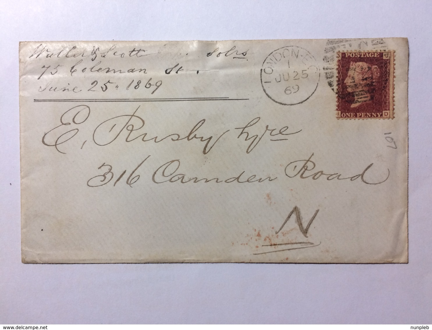 GB 1869 Victoria Cover - London Marks Tied With 1d Red Plate 107 - Brieven En Documenten