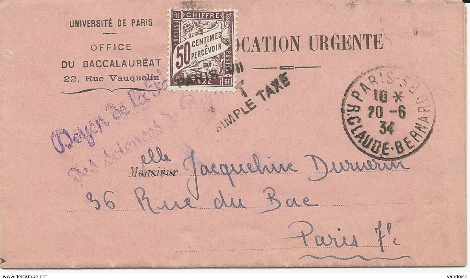 CONVOCATION A EXAMEN 1934 AVEC TIMBRE TAXE A 50 CT ET GRIFFE PARIS VII SIMPLE TAXE - 1859-1959 Covers & Documents