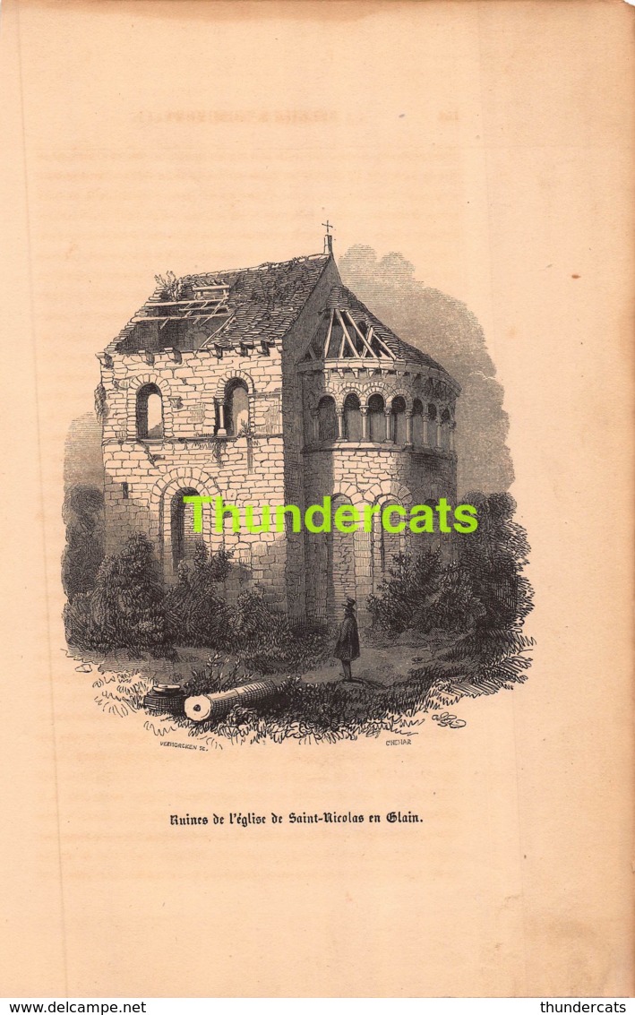 ANCIENNE COUPURE GRAVURE D'UN PUBLICATION DE 1844 OUD KNIPSEL UIT OUDE PUBLICATIE GHEMAR VERMORCKEN RUINES GLAIN EGLISE - Estampes & Gravures