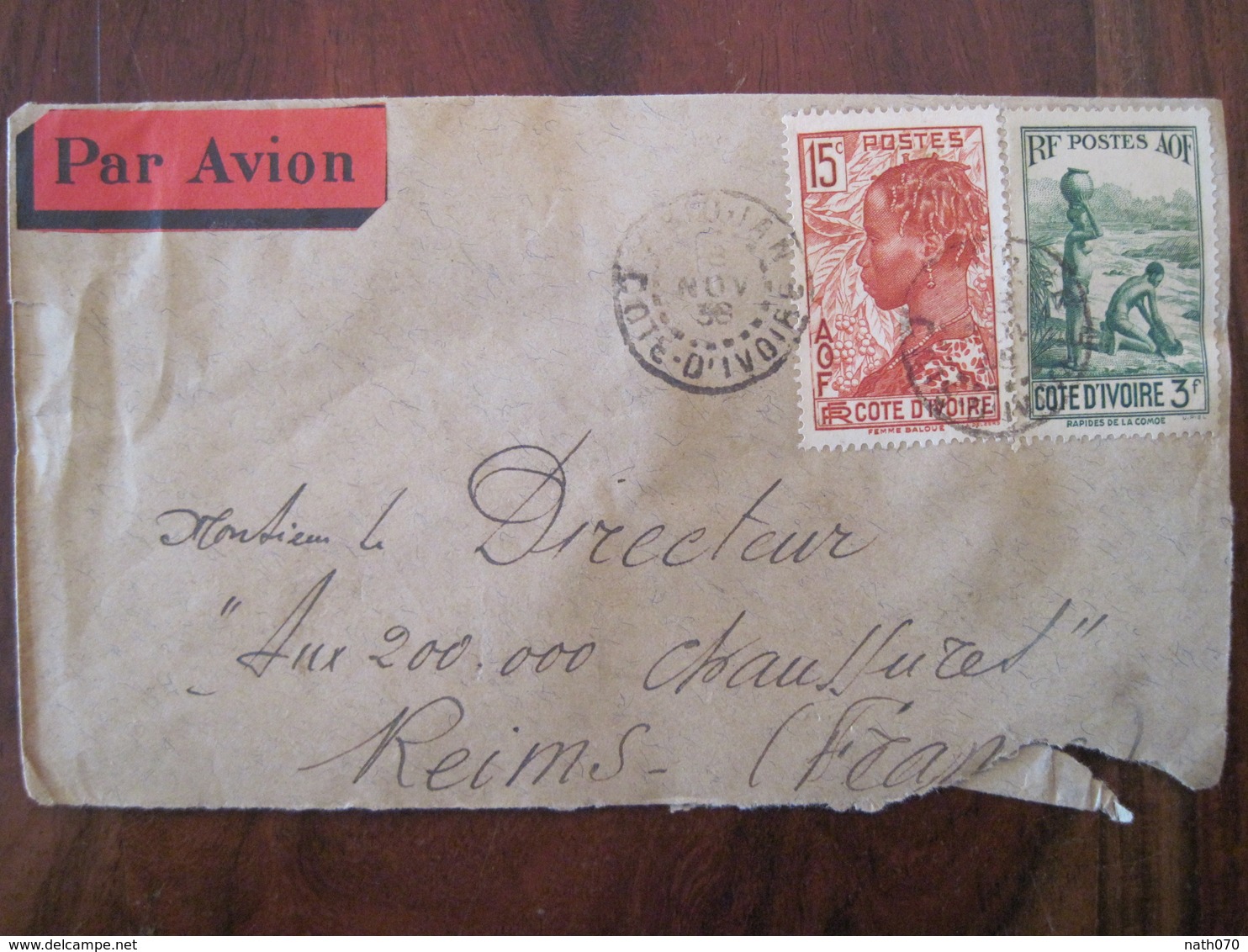 Cote D'Ivoire France 1938 Lettre Enveloppe Cover Ivory Coast Abidjan Reims Colonies AOF Par Avion Air Mail - Brieven En Documenten