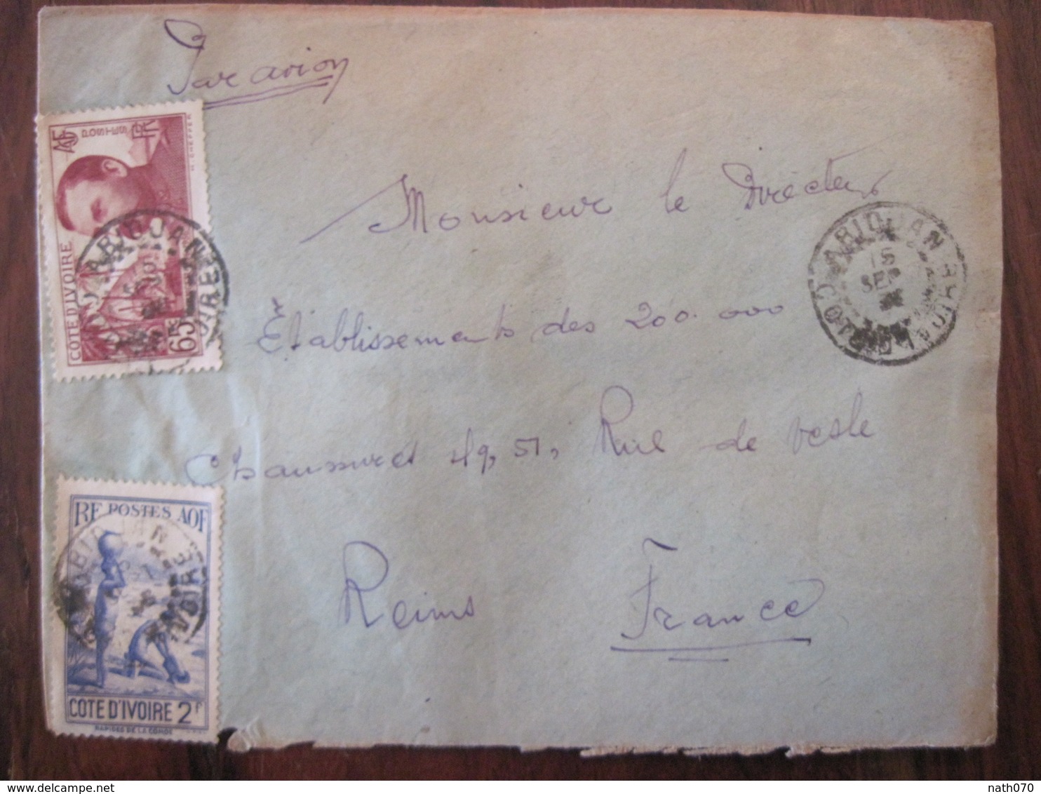 Cote D'Ivoire France 1938 Lettre Enveloppe Cover Ivory Coast Abidjan Reims Colonies AOF Par Avion Air Mail - Cartas & Documentos