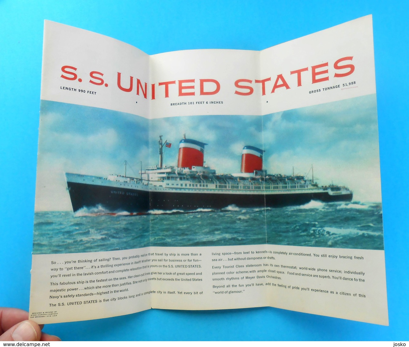 SS UNITED STATES ( United States Lines ) - TOURIST CLASS DECK PLAN ... Original Vintage RRR - Other & Unclassified