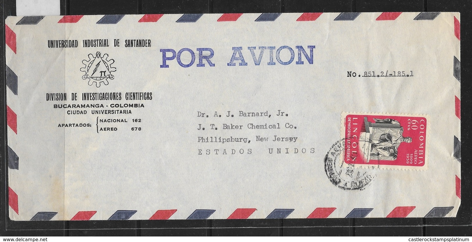 O) 1959 CIRCA-COLOMBIA, LINCOLN.-STATUE, DEMOCRACY OF AMERICA, DIVISION DE INVESTIGACIONES CIENTIFICAS- AIRMAIL TO USA - Colombia