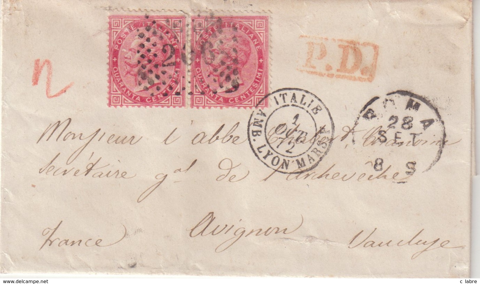 ITALIE : N° 19 . PAIRE . DE ROME POUR LA FRANCE . 1872 . TB . LST . - Marcophilie