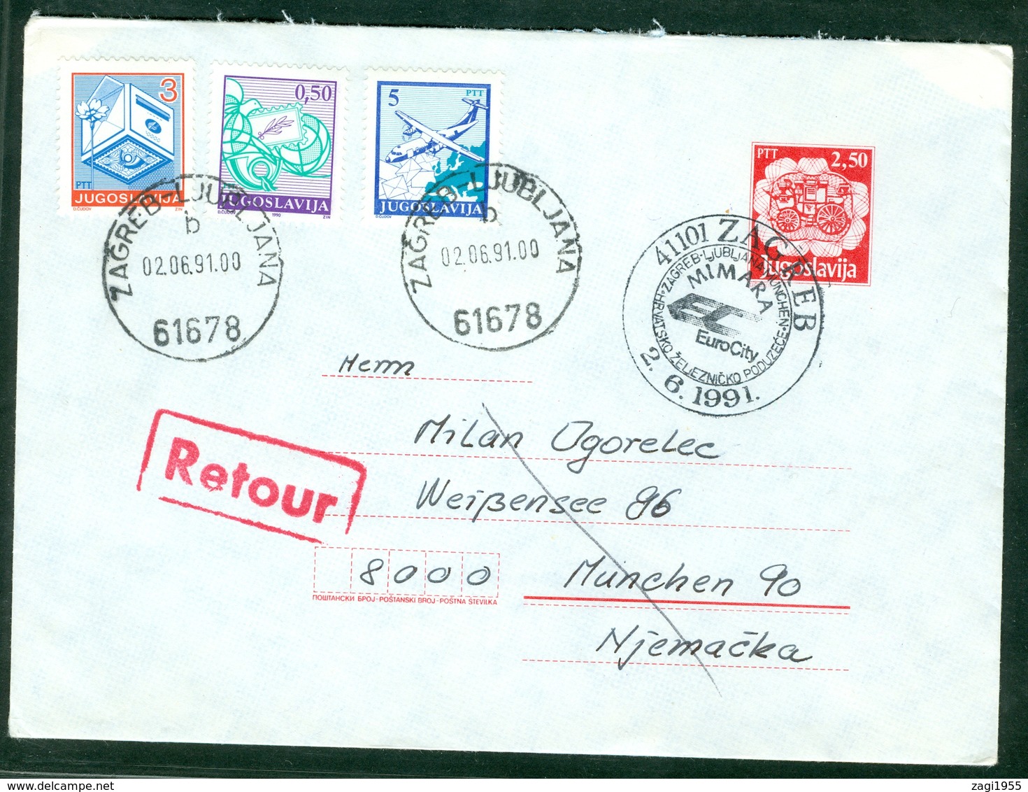 Yugoslavia 1991 Ambulance Bahnpost Railway Mail Zagreb - Ljubljana 61678 B To Munich Letter EuroCity Retour Stationery - Covers & Documents