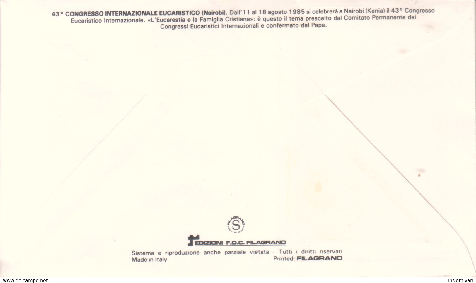 FDC VATICANO 1986 FILAGRANO Unif. 779/82 Congresso Eucaristico Nairobi 85. - FDC