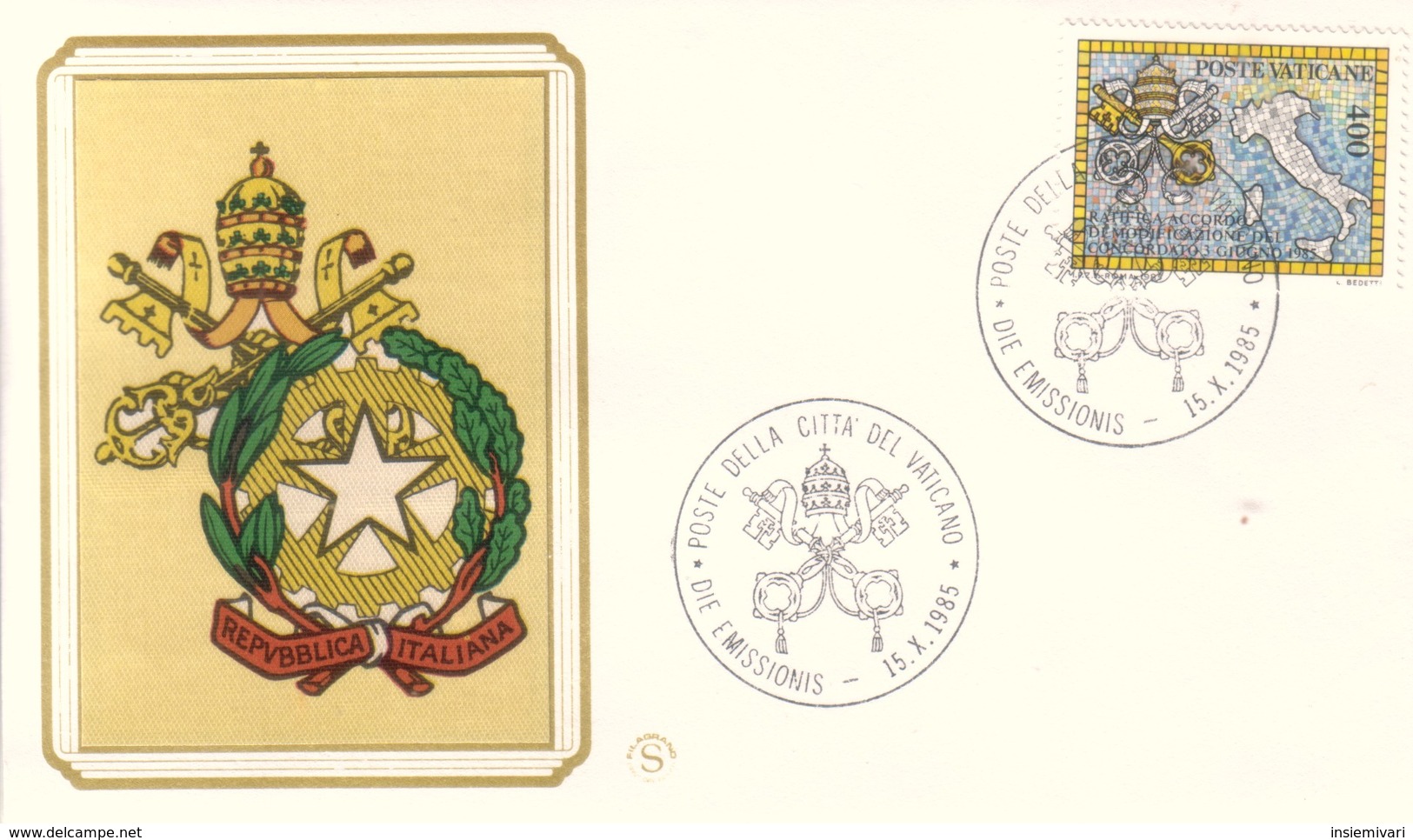 FDC Filagrano Vaticano 1985 Ratifica Concordato. - FDC