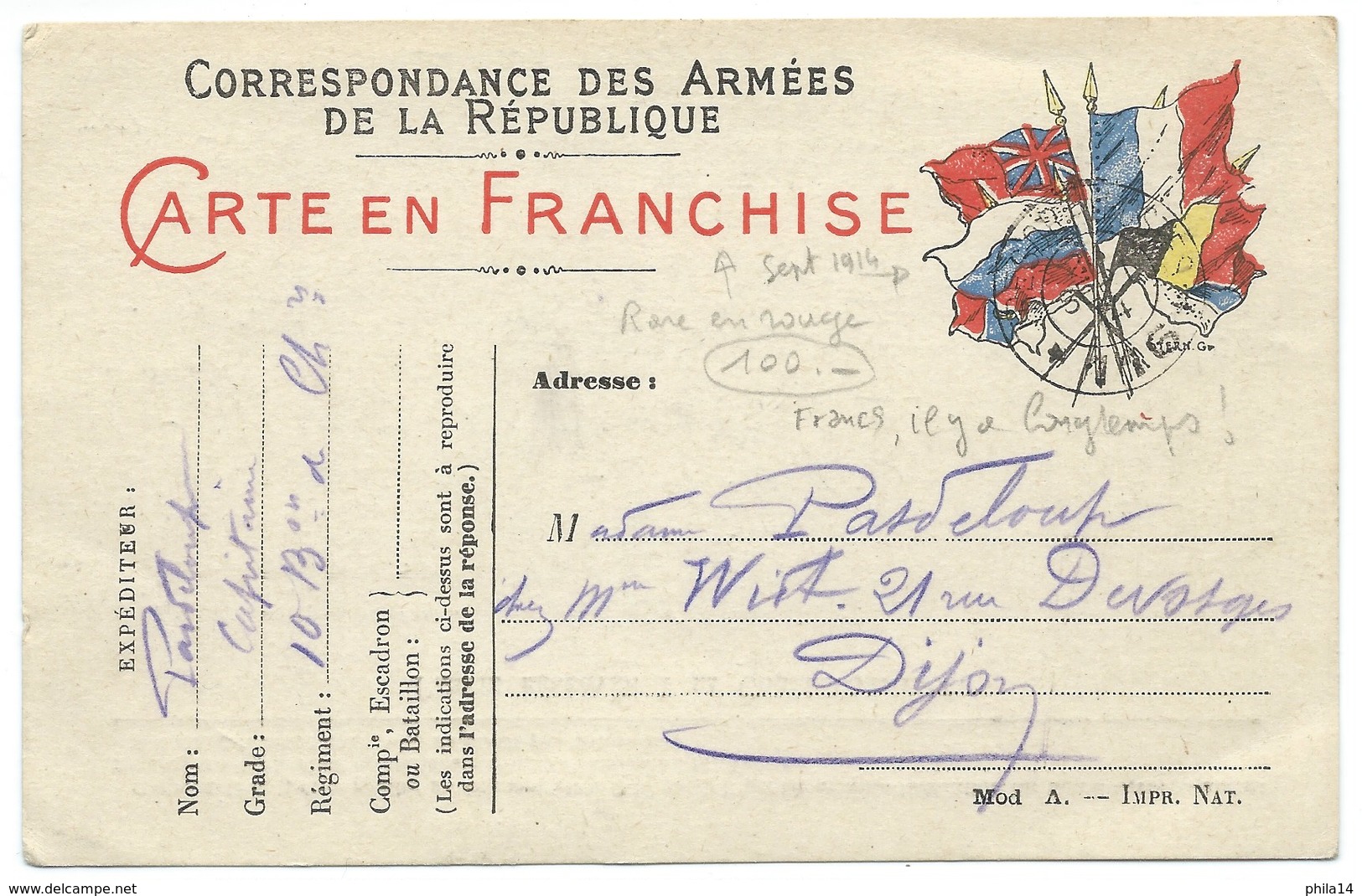 CARTE EN FRANCHISE / CORRESPONDANCE DES ARMEES DE LA REPUBLIQUE / 1914 / 10° BATAILLON DE CHASSEURS - Guerre De 1914-18