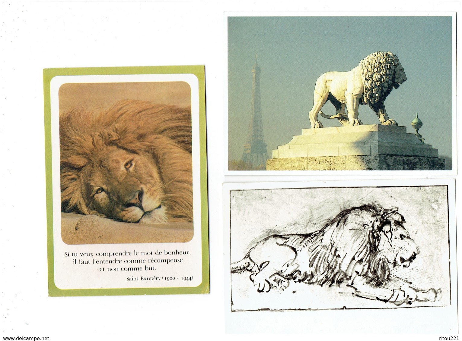 LOT 3 Cpm - LION - Rembrandt Dessin - Alfred Wolf Paris Place De La Concorde - Lions