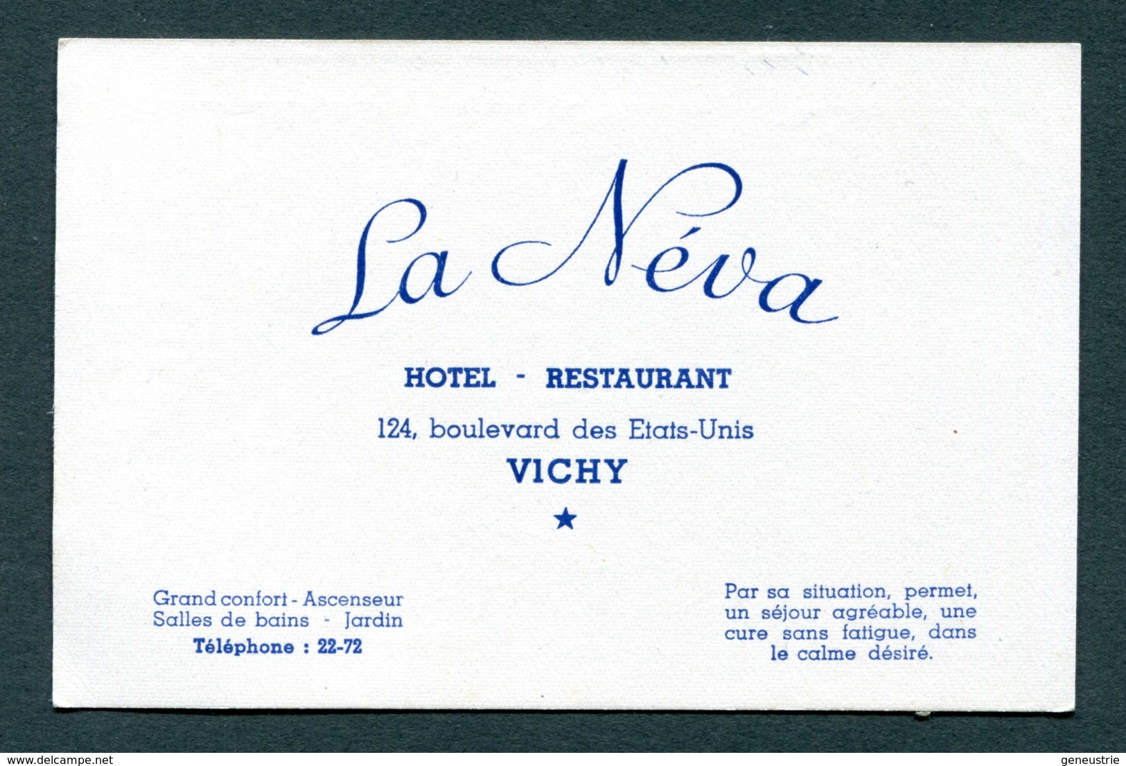 Belle Carte De Visite Années 20/30 "La Néva - Hotel - Restaurant - Bd Des Etats-Unis - Vichy" - Cartes De Visite