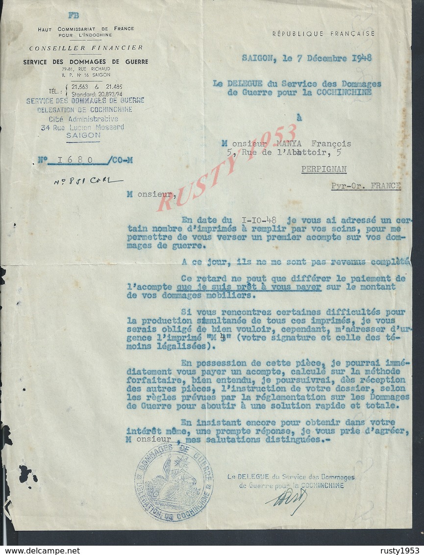 MILITARIA SERVICE DOMMAGES DE GUERRE COCHINCHINE SAIGON DIVERS DOC TAMPON SOLDAT MANYA PRISONNIERS PAR LES JAPONAIS LIRE - Ohne Zuordnung