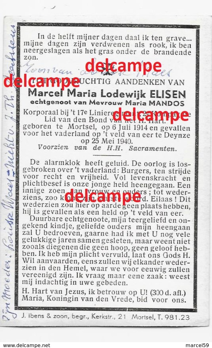 Oorlog Guerre Marcel Elisen Mortsel Soldaat Gesneuveld Te Deinze 25 Mei 1940 17 Linie Mandos Doodsprentje Bidprentje - Images Religieuses