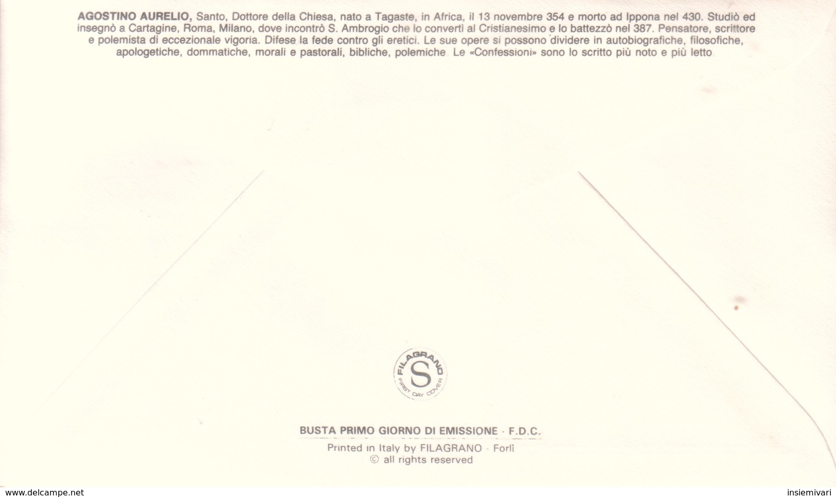 Vaticano 1987 FDC FILAGRANO Sant'Agostino. - FDC