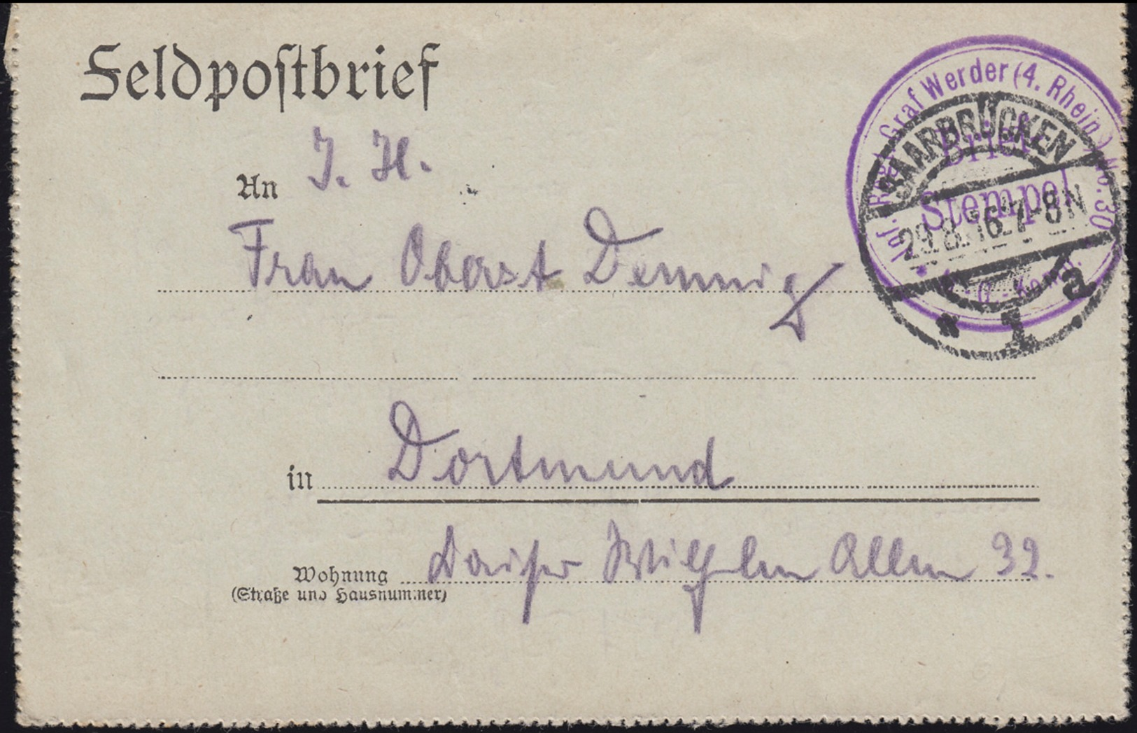 Feldpost BS Inf.-Regt. Graf Werder (4. Rhein.) No. 30 - 29.8.1916 N. Dortmund - Besetzungen 1914-18