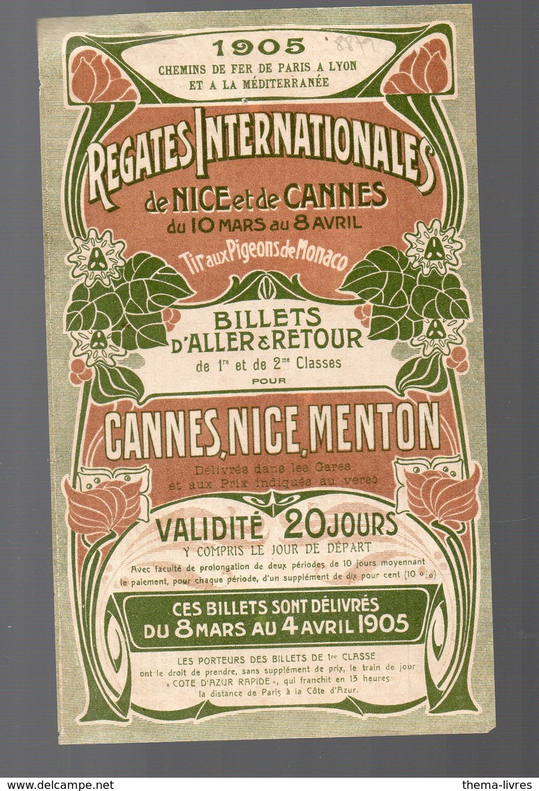 Cannes, Nice, Menton (06 ALpes Maritimes) Horaire Des Régates Internationales 1905 ( Chemins De Fer PLM (PPP10051) - Europe