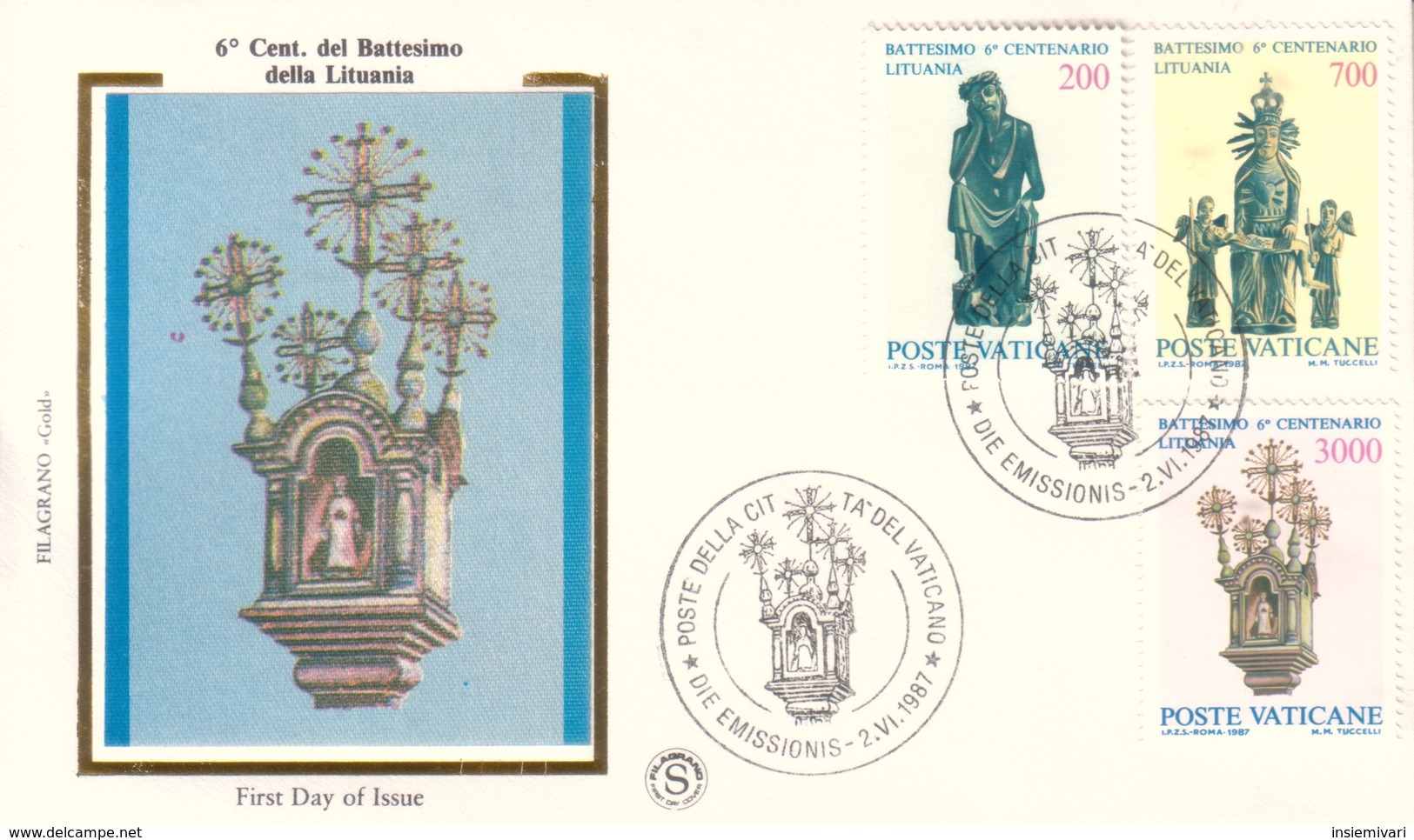 FDC CITTA' VATICANO 6°CENT.DEL BATTESIMO DELLA LITUANIA 2-VI-1987 FILAGRANO. - FDC