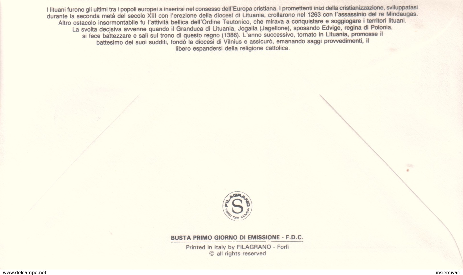 FDC CITTA' VATICANO 6°CENT.DEL BATTESIMO DELLA LITUANIA 2-VI-1987 FILAGRANO. - FDC