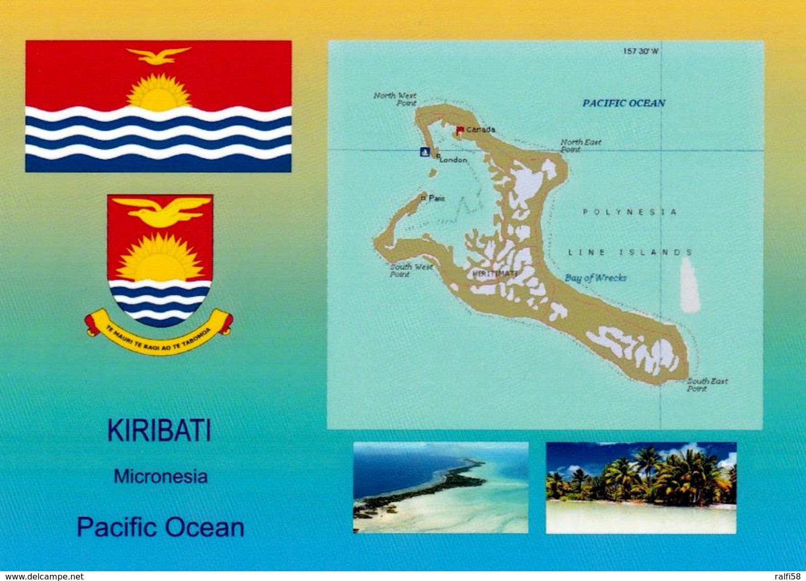 1 AK Kiribati * Flagge, Wappen Und 2 Ansichten Von Kiribati - Landkarte Der Insel Kiritimati Vormals Christmas Island * - Kiribati