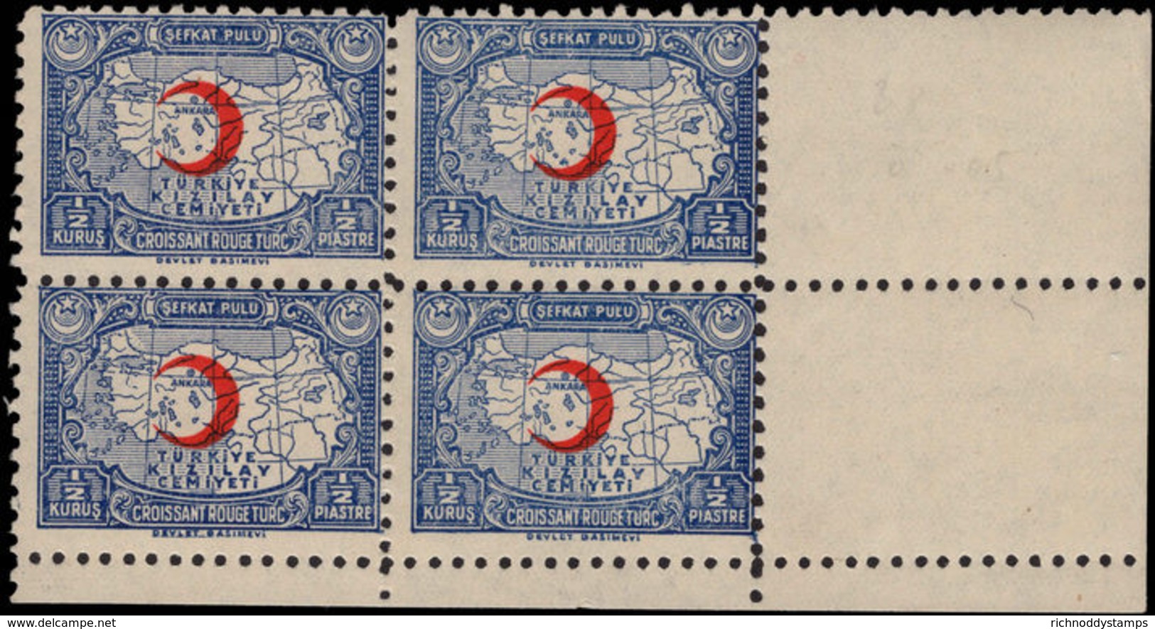 Turkey 1938-43 &#189;k Red Cross Perf 10 DEVLET Block Of 4 Unmounted Mint. - Unused Stamps