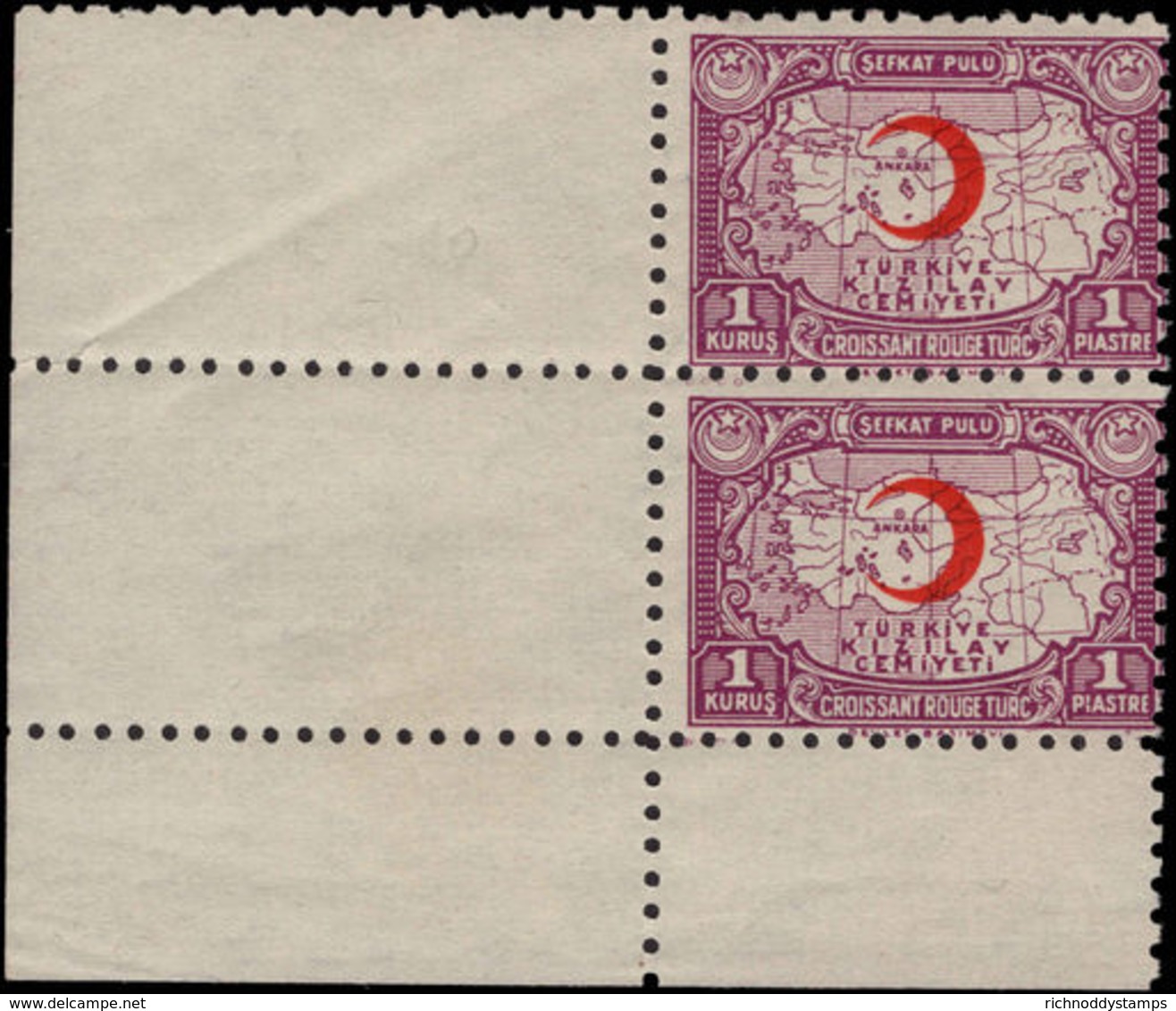 Turkey 1938-43 1k Red Cross Perf 10 DEVLET Pair Unmounted Mint. - Nuevos