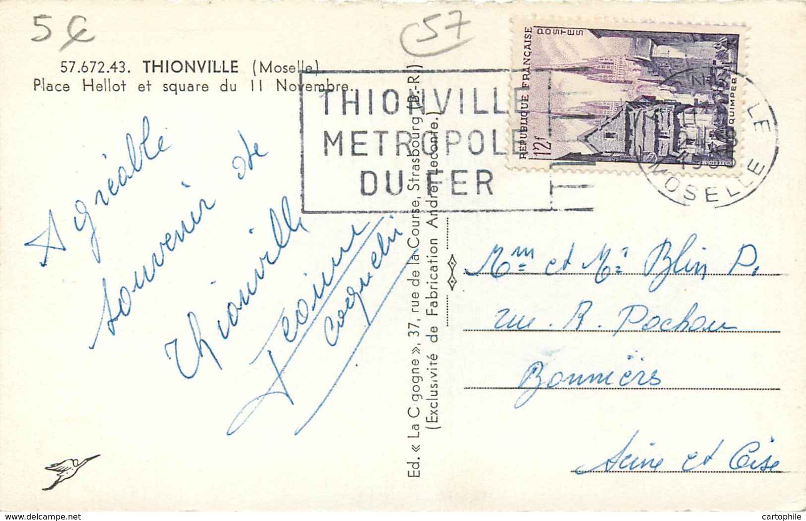 57 - THIONVILLE - Place Hellot Et Square 1955 (cpsm 9x14) - Thionville
