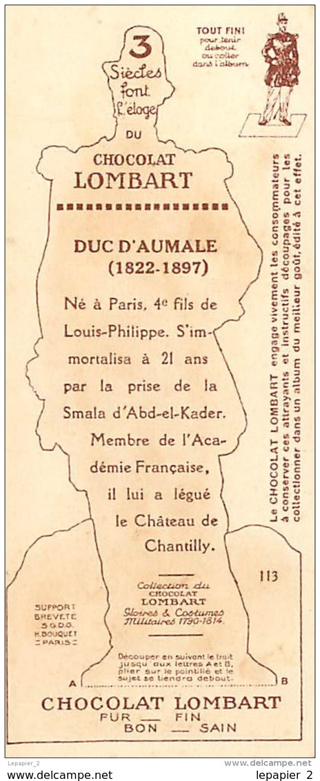 Chromo N°113  1845 Duc D'AUMALE  Paul Martin Chocolat Lombart à Découper Scènes Et Costumes Militaires - Other & Unclassified