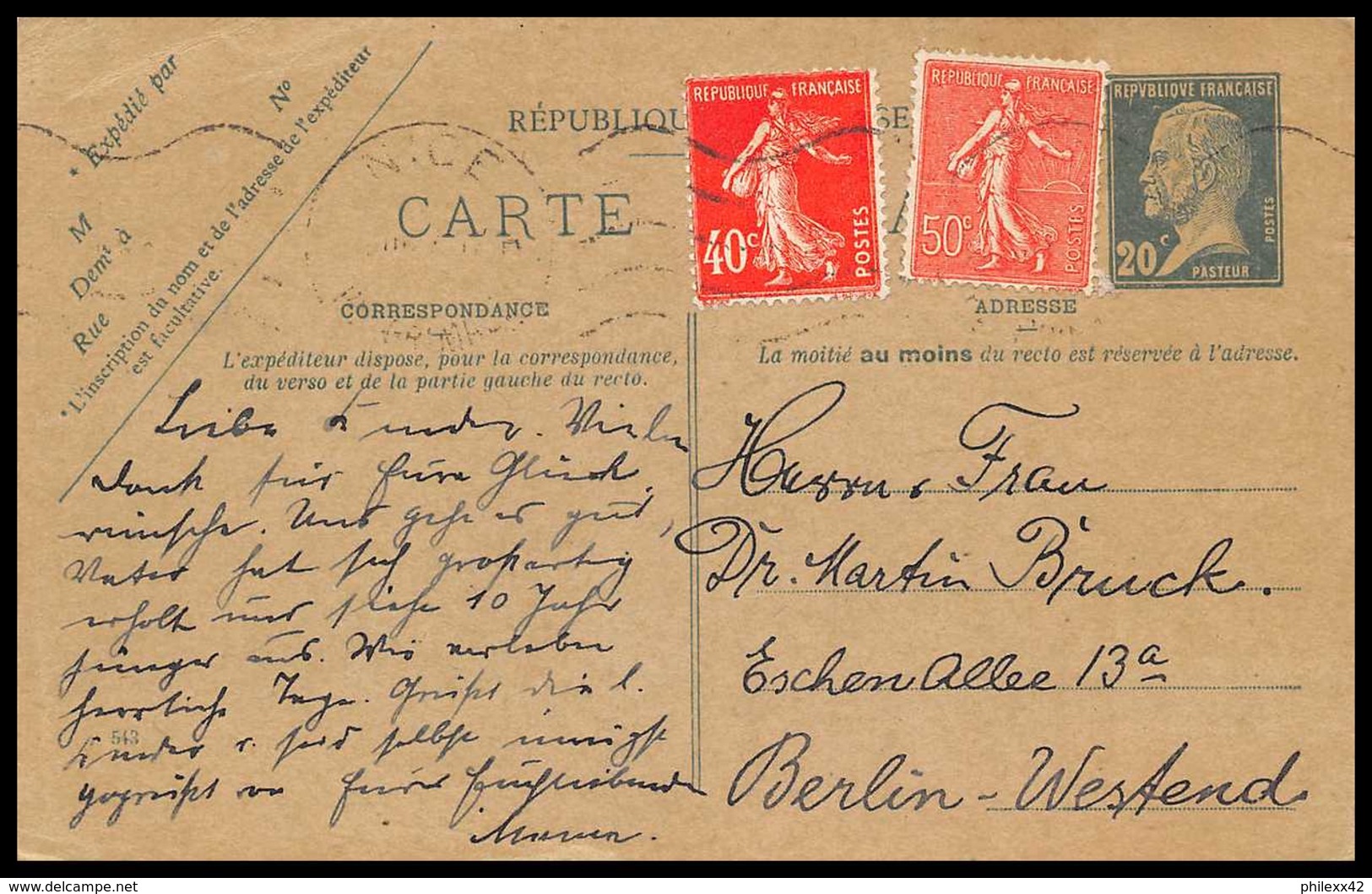 4351 Pasteur 20c Complement Mixte / Compose Nice Berlin Carte Postale France Entier Postal Stationery - Cartes Postales Types Et TSC (avant 1995)