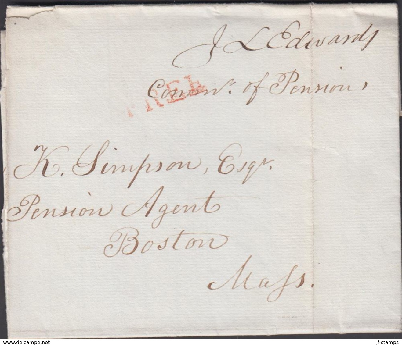 1835. FREE ON COVER FROM Edwars Comm Of Pension To The Pension Agent In Boston. Dated... () - JF301224 - …-1845 Préphilatélie