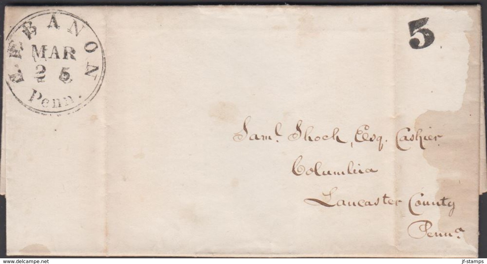 1846. 5 + LEBANON MAR 25 Penn. Dated Lebanon BankMarch 24, 1846.  () - JF301295 - …-1845 Vorphilatelie
