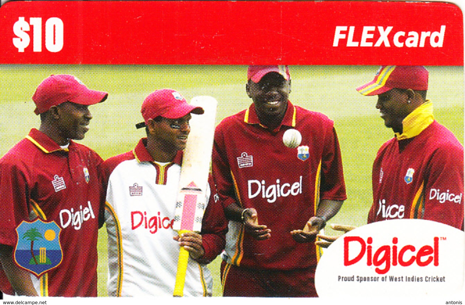 ST. VINCENT & THE GRENADINES - West Indies Cricket Team, Digicel Recharge Card $10, Exp.date 09/02/10, Used - St. Vincent & The Grenadines