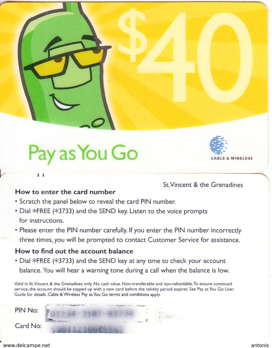 ST. VINCENT & THE GRENADINES - Pay As You Go, C&W Prepaid Card $40(thin), Used - St. Vincent & The Grenadines