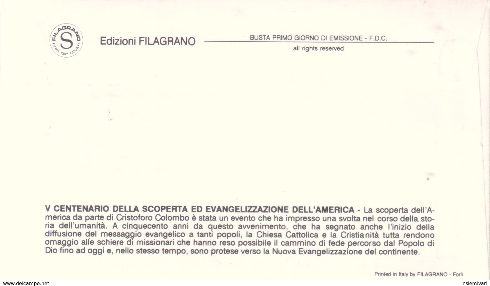 VATICANO 1992 - FDC Filagrano - 500° Scoperta Dell'america Colombo - FDC