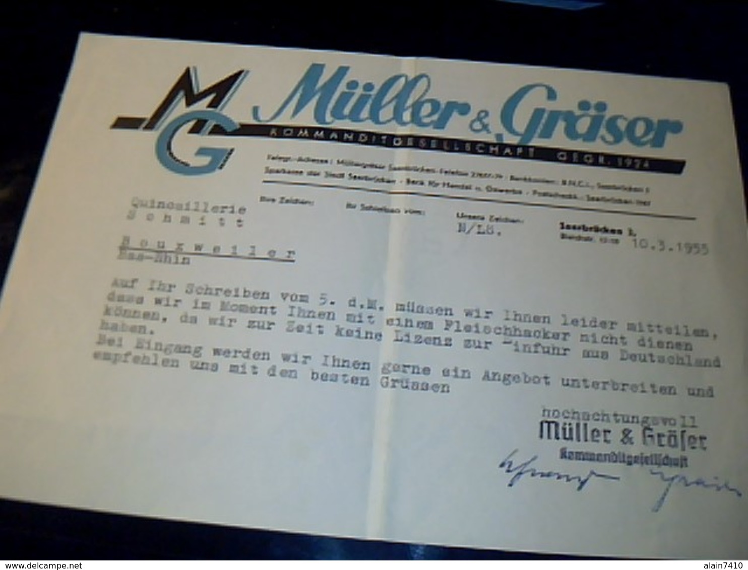 Facture  Lettre De 1955   Origine Allemagne MULLER & GRASER Kommanditgesllschaft  Ecrite  En Allemand - 1950 - ...