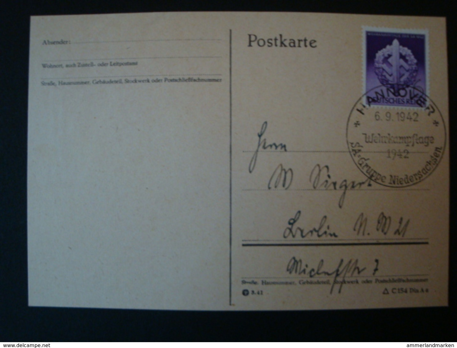 Deutsches Reich Postkarte Mit Sonderstempel, Hannover Wehrkampftage 1942, SA Gruppe Niedersachsen - Briefe U. Dokumente