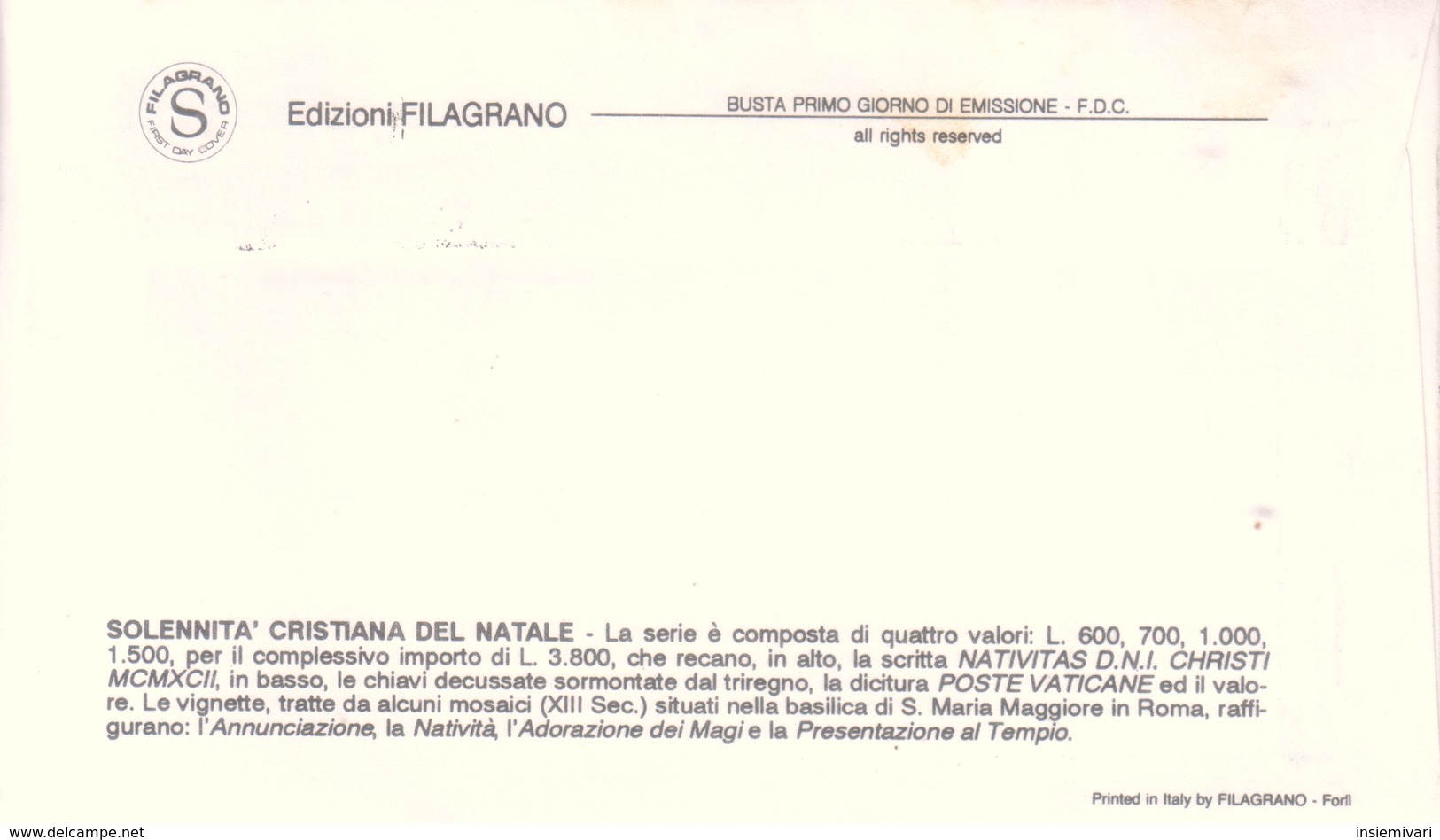 Vaticano 1992 FDC Filagrano Natale. - FDC