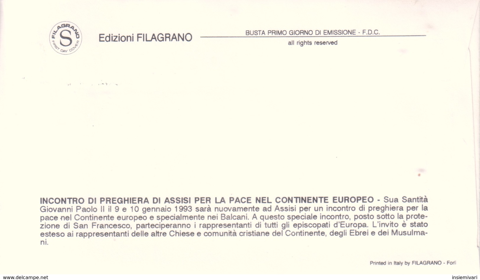 FDC VATICANO 1993 Filagrano Unif. 953 Assisi Per La Pace In Europa. - FDC