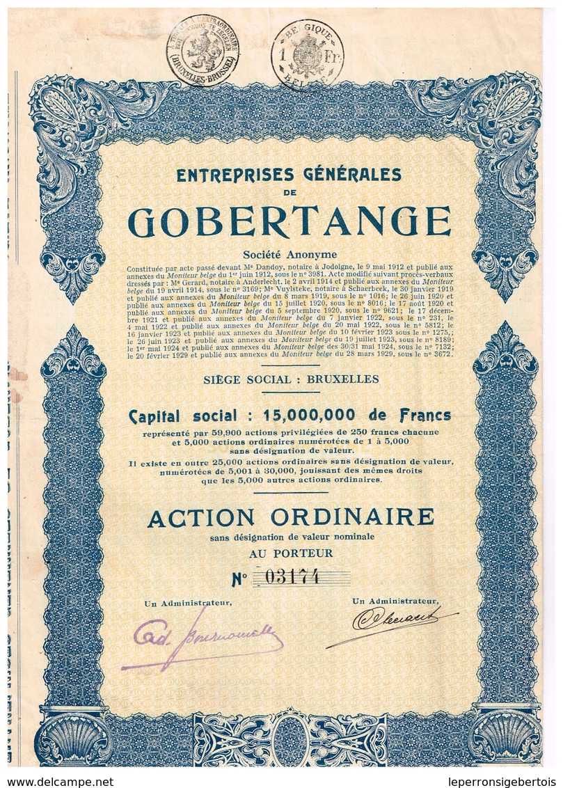 Action Ancienne - Entreprises Générales De Gobertange - Titre De 1929 - N°03174 - Mines