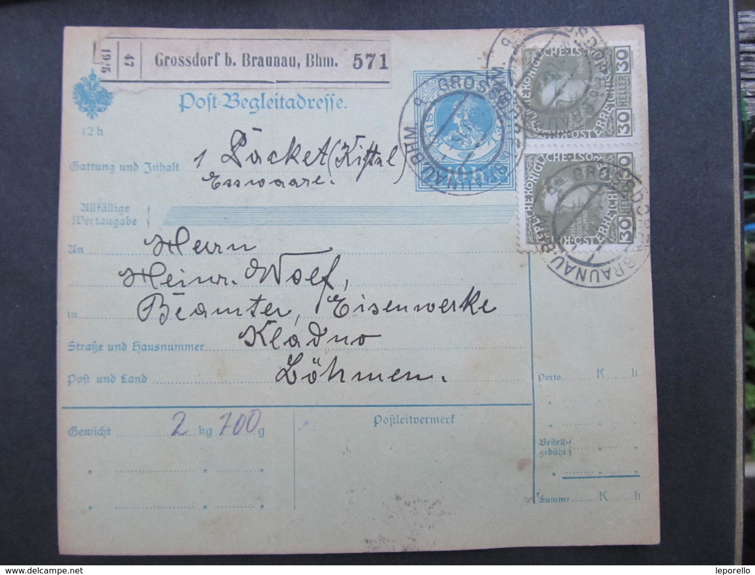Postbegleitadresse Grossdorf B. Braunau 1915 Broumov Velka Ves  Paketschein ////  D*35975 - Briefe U. Dokumente