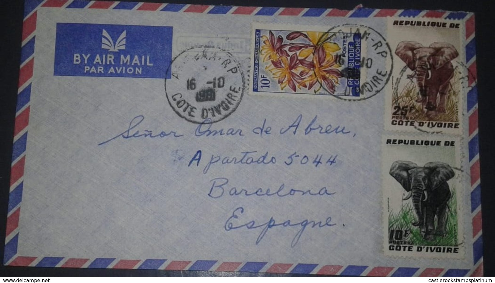 L) 1989 IVORY COAST, ELEPHANT, 25F, BROWN, 10F, FLOWERS, NATURE, AIRMAIL, CIRCULATED COVER FROM IVORY COAST TO SPAIN - Ivory Coast (1960-...)