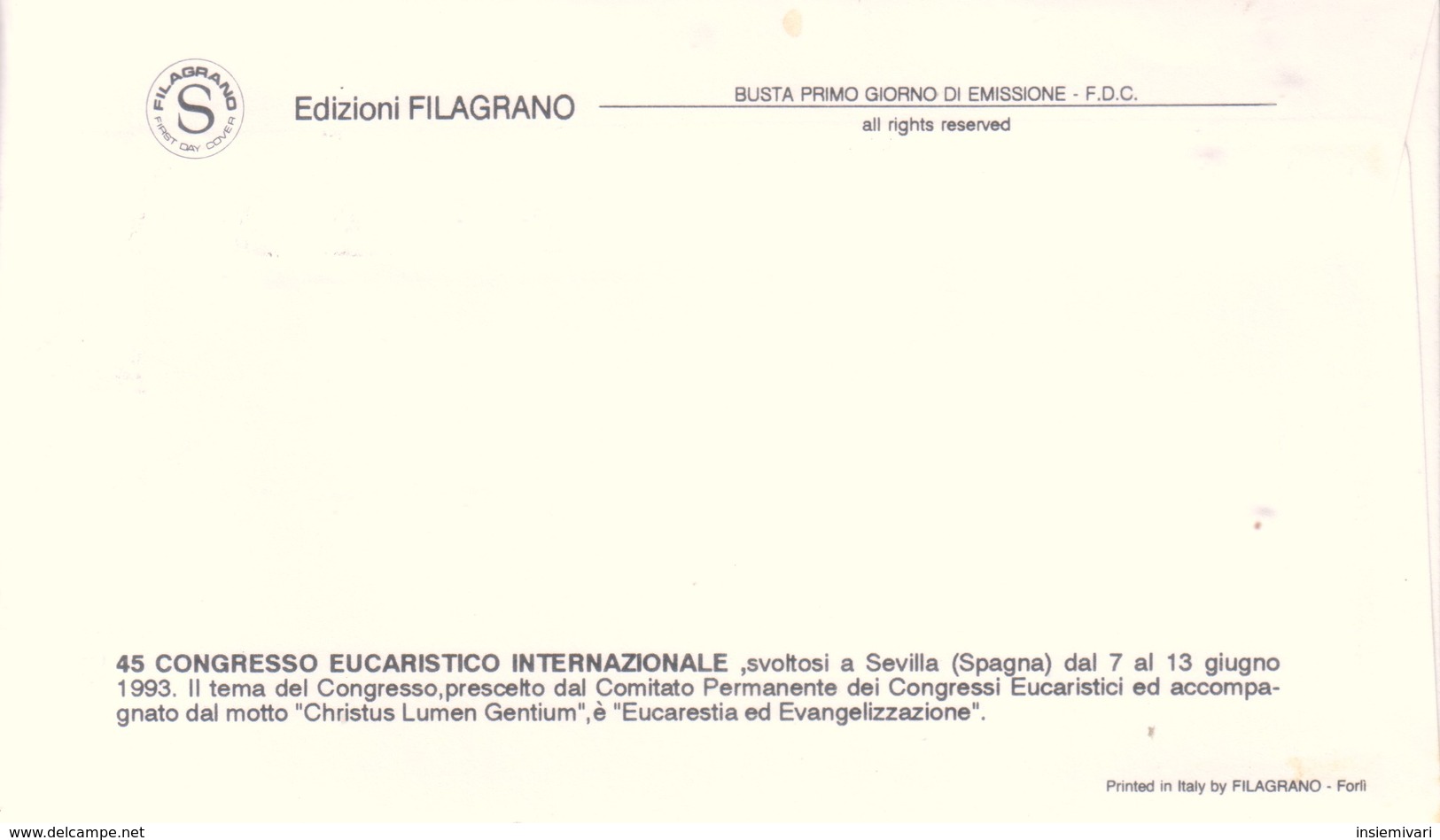 VATICANO - 1993 - 45° Congresso Eucaristico Internazionale. Sevilla Su FDC Filigrano. - FDC