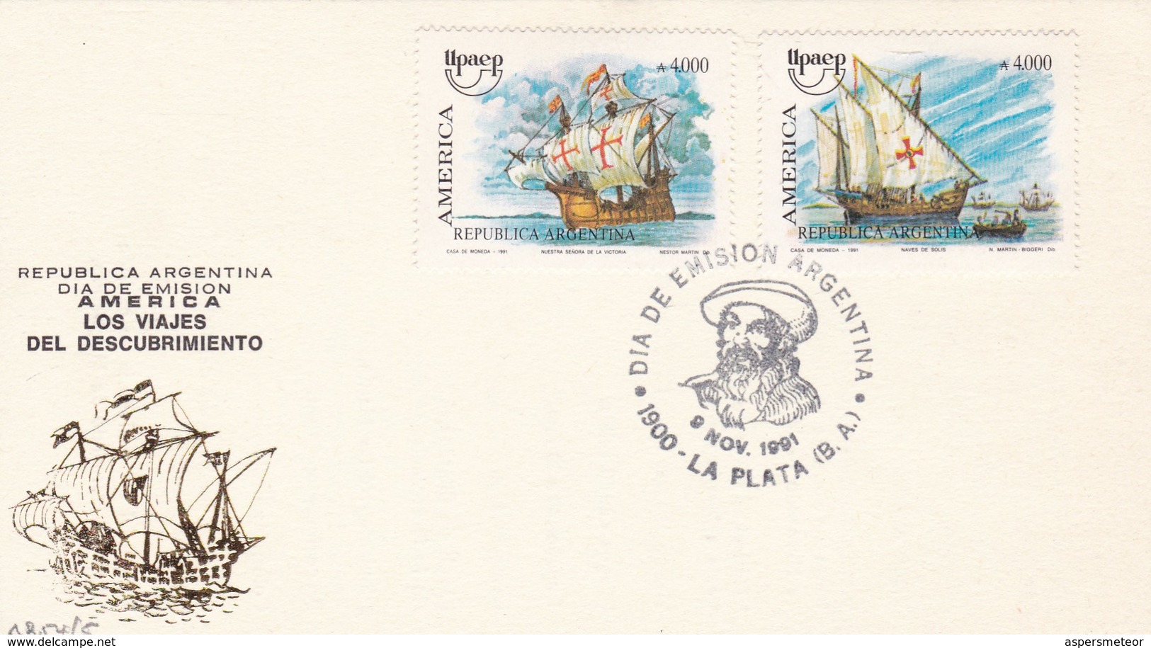 AMERICA, LOS VIAJES DEL DESCUBRMIENTO. FDC 1991 LA PLATA, ARGENTINA, 2 DIFFERENT STAMPS - BLEUP. - FDC