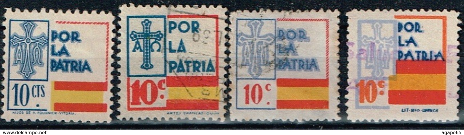 Asturias, Emisión Nacional. Por La Patria. 4 Sellos Diferentes 10c - Vignettes De La Guerre Civile