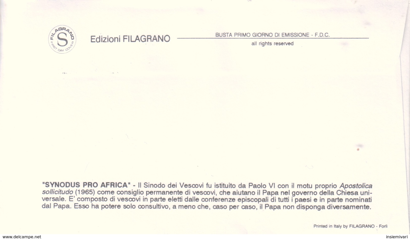 FDC VATICANO 1994 Filagrano Unif. 990/1 Assemblea Per L'Africa Nel Sinodo. - FDC