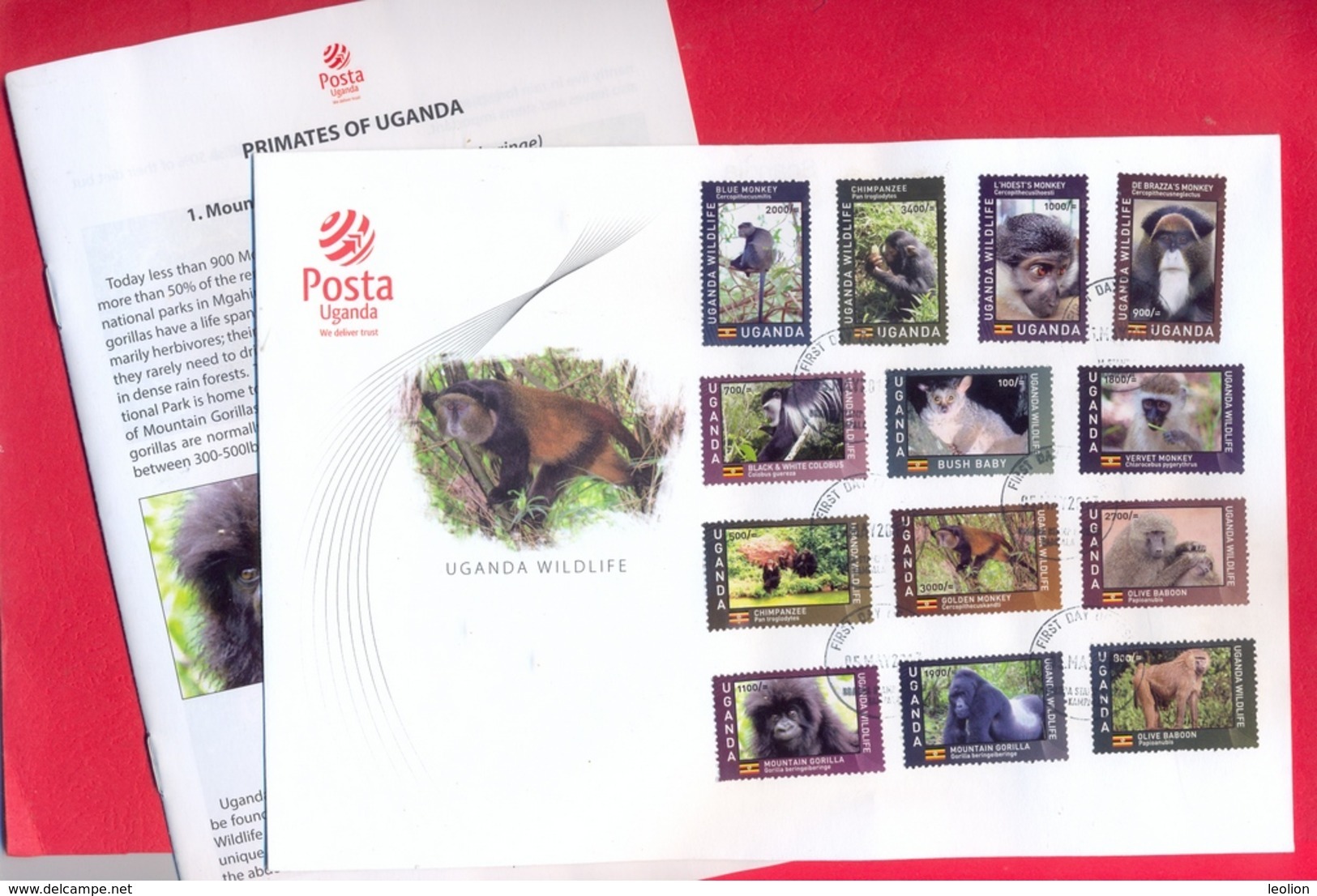 UGANDA Stamps FDC 2017 Primates W/ Flyer Chimpanzee Monkey Baboon Gorilla Colobus Bush Baby Wildlife First Day OUGANDA - Uganda (1962-...)