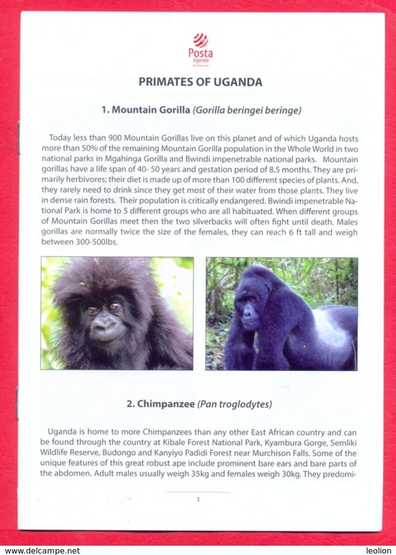 UGANDA Stamps FDC 2017 Primates W/ Flyer Chimpanzee Monkey Baboon Gorilla Colobus Bush Baby Wildlife First Day OUGANDA - Uganda (1962-...)