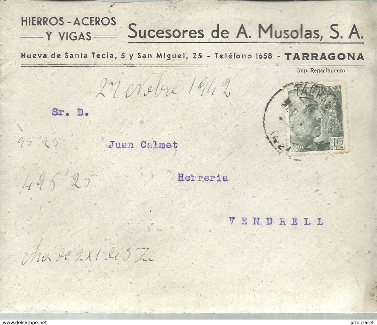 CARTA COMERCIAL  1942  TARRAGONA - Cartas & Documentos