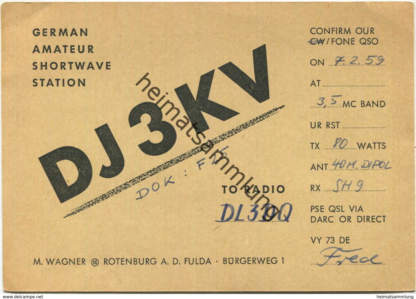 QSL - Funkkarte - DJ3KV - Rotenburg A. D. Fulda - 1959 - Amateurfunk